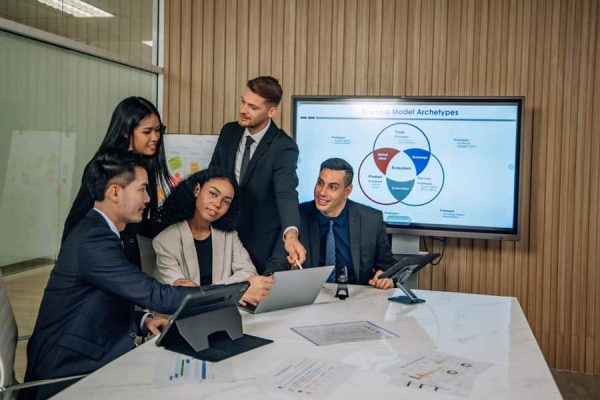 The multicultural business team engages in collaborative brainstorming sessions to develop cutting-edge strategies and new business model for achieving our sales key performance indicators (KPIs).